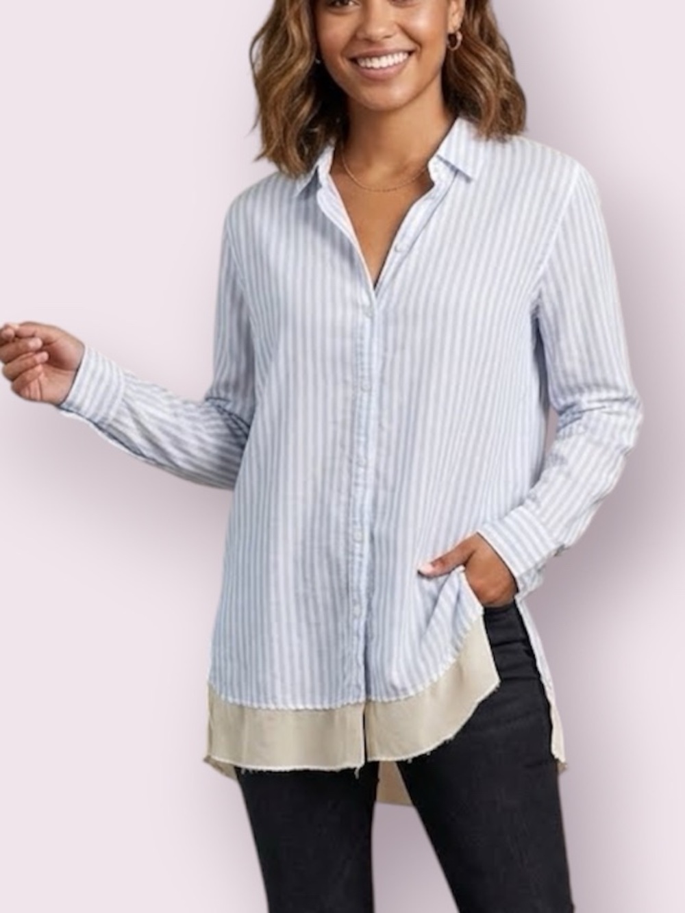 Johnny Was Striped Button Up Cotton Top Sheer Contrast Hem Blue White Size Small